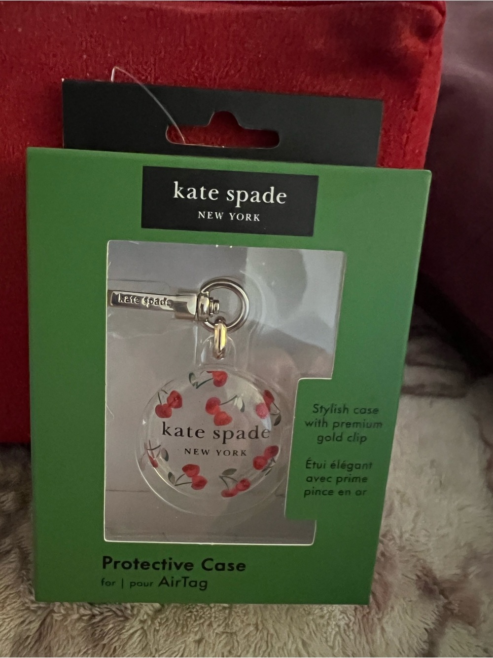 case-mate Clear AirTag Case with Red Cherry Print and Gold Clip